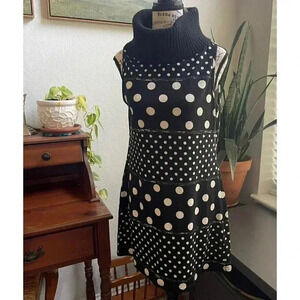 Sleeveless Polka Dot Dress - Knit Turtleneck Unique Design Medium